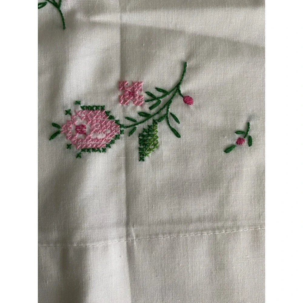 Vintage Pillowcase Embroidered Flowers Pink Cottage Chic Lady Pepperell Muslin
